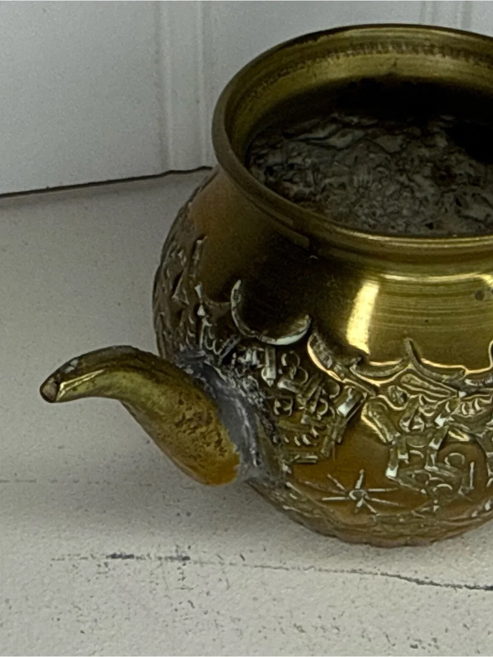 Vintage Mini Brass Metal Tea Pot Kettle w/ D Handle | MCM | Engraved